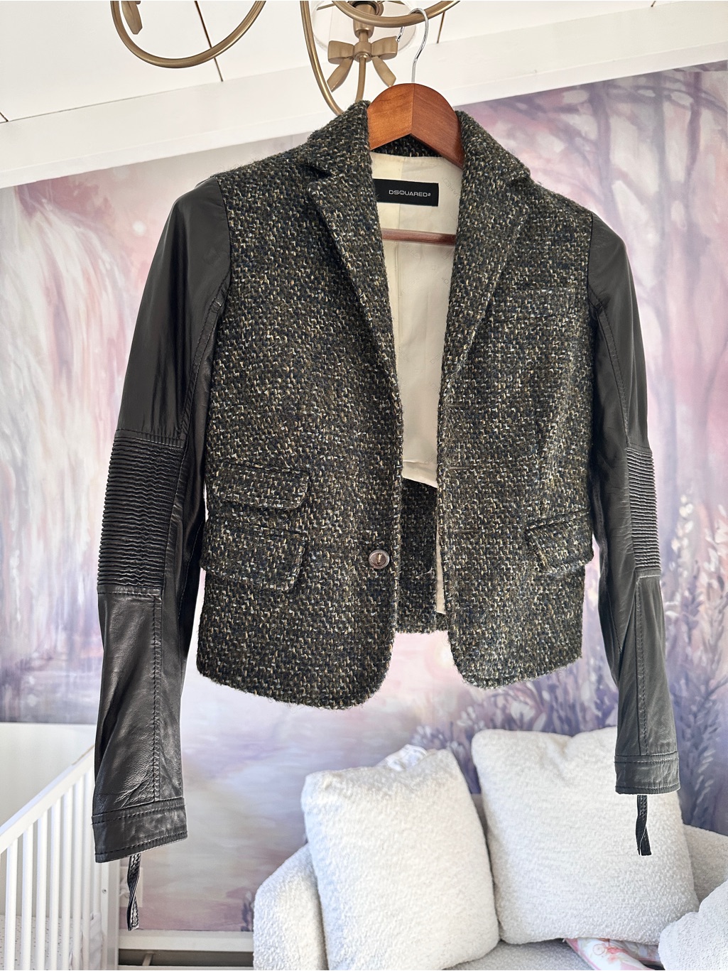 Dsquared2 Black Tweed Blazer With Black Leather Sleeves